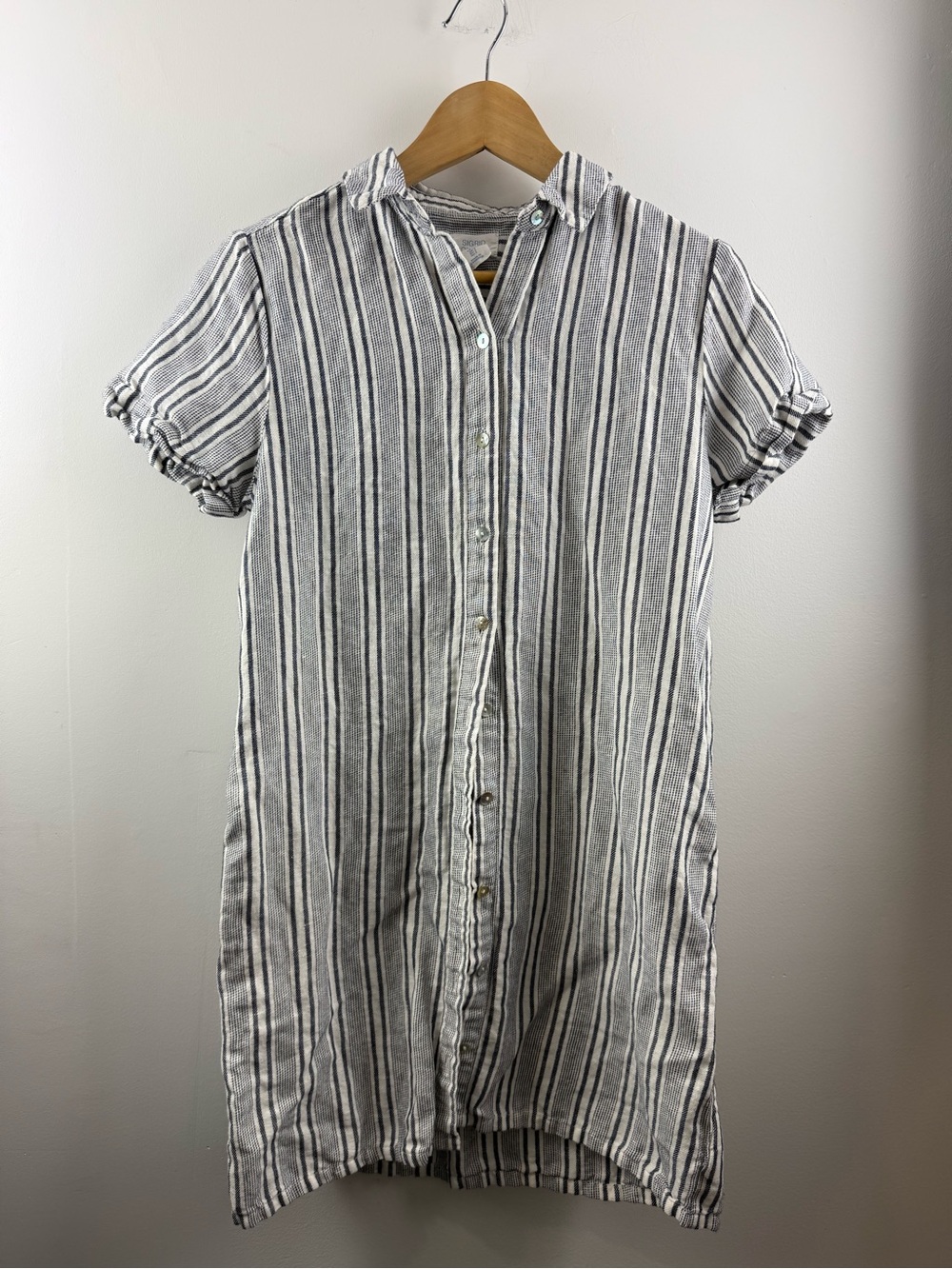 Sigrid Olsen Linen Cotton Navy White Striped Button Down Shirt Dress Pockets Sm